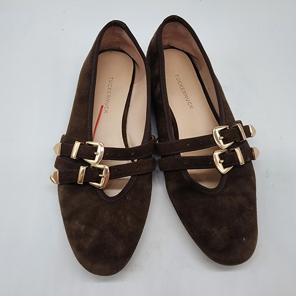Tuckernuck Double Buckle Mary Jane Flats Women's 7 Brown Suede Gold Hardware